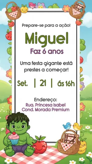 Convite Aniversário Hulk Baby Piquenique para Editar Online