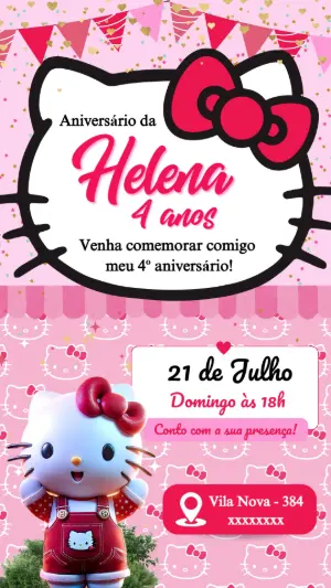 Convite de Aniversário Hello Kitty Rosa | Modelo Digital Editável