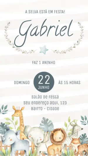 Convite Aniversário Safari Aquarela para Editar Online