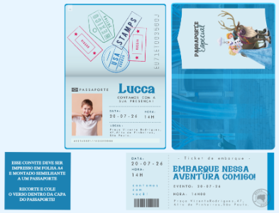 Convite de Aniversário Frozen Passaporte Editável para Imprimir