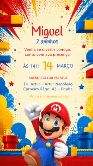 Convite de Aniversário Super Mario Colorido para Editar