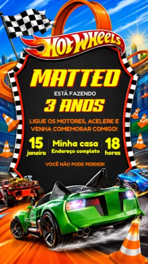 Convite de Aniversário Hot Wheels Carros de Corrida Editável