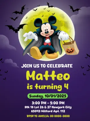 Mickey Vampire Halloween Birthday Invitation Editable Template