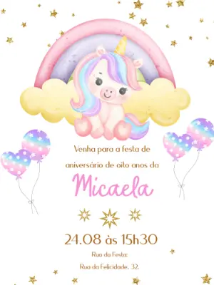 Convite de Aniversário Unicórnio Fofo para Editar Online