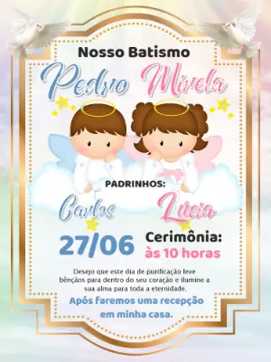 Convite de Batizado para Irmãos Anjinhos Editável Online