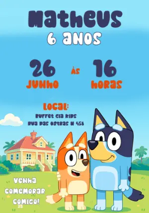 Convite de Aniversário Bluey e Bingo para Editar Online