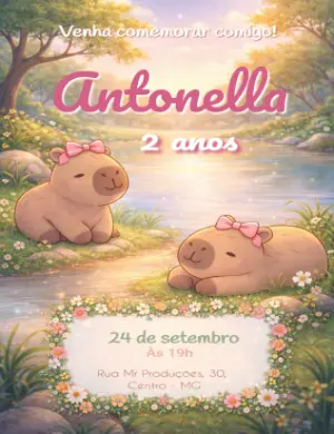Convite Digital Aniversário Tema Capivara Editável