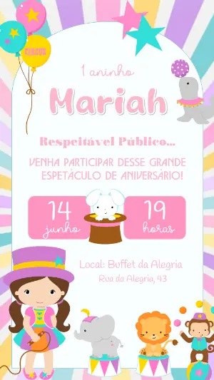 Convite de Aniversário Circo Rosa Menina para Editar