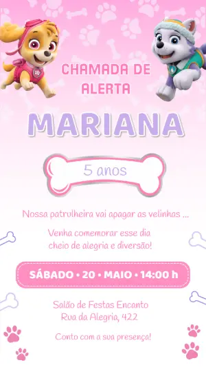 Convite Patrulha Canina Rosa com Skye e Everest Editável