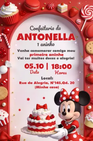 Convite de Aniversário Minnie Vermelha Confeitaria Editável