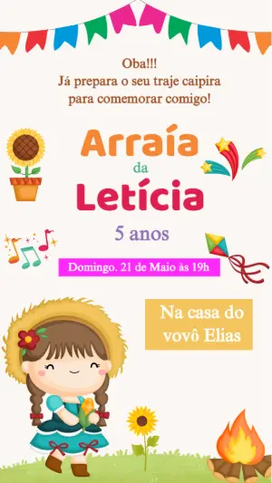 Convite de Aniversário Festa Junina Menina Caipira para Editar