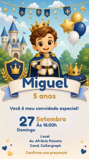 Convite de Aniversário Príncipe Real Editável para Menino