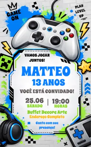 Convite de Aniversário Gamer Videogame para Editar Online