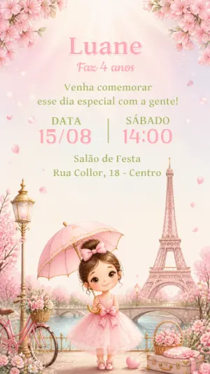 Convite de Aniversário Paris Menina Editável