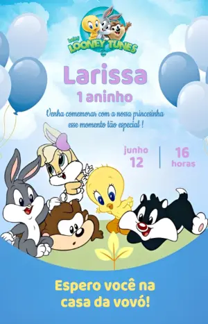 Convite de Aniversário Looney Tunes Baby Fofo para Editar