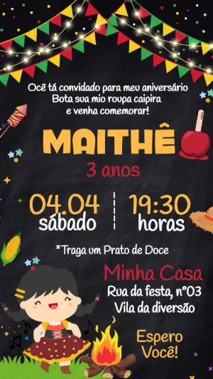 Convite de Aniversário Festa Junina Menina Editável