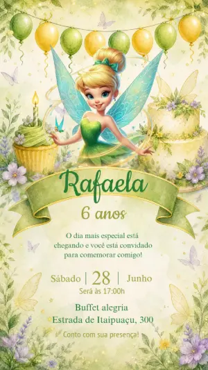 Convite de Aniversário Tinker Bell Aquarela para Editar