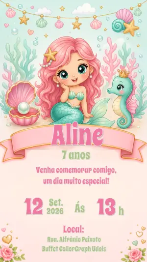 Convite Editável Aniversário Sereia Fundo do Mar