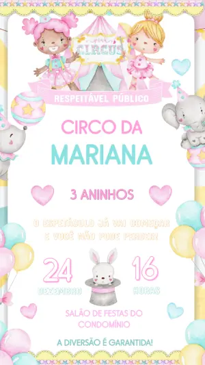 Convite de Aniversário Circo Rosa Aquarela para Editar