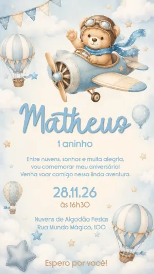 Convite de Aniversário Ursinho Aviador Azul Modelo Editável
