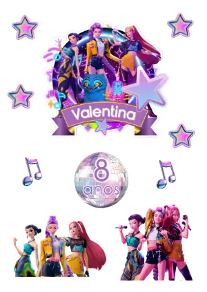 Topo de Bolo Guerreiras K-Pop para Editar e Imprimir Online