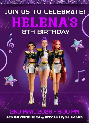 Invitation d'anniversaire KPop Demon Hunters – Statique – Borboleta Convites