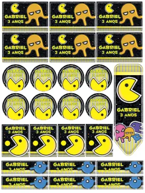 Etiquetas Escolares  Pac-Man Editável para Aniversário Tema Video Game