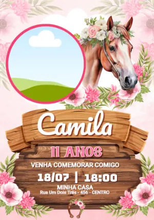 Convite de Aniversário Country com Cavalo e Floral Editável