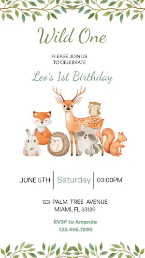Editable Wild One Woodland Animals 1st Birthday Invitation