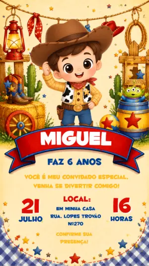 Convite de Aniversário Woody Toy Story Modelo Digital Editável
