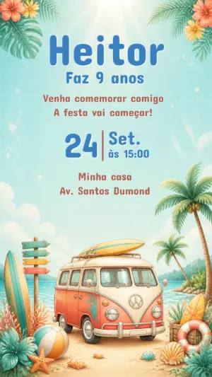 Convite de Aniversário Surf Kombi Tropical Editável