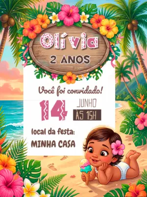 Convite de Aniversário Moana Baby Tropical Editável