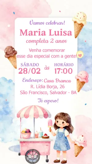Convite de Aniversário Infantil Sorveteria Aquarela Editável
