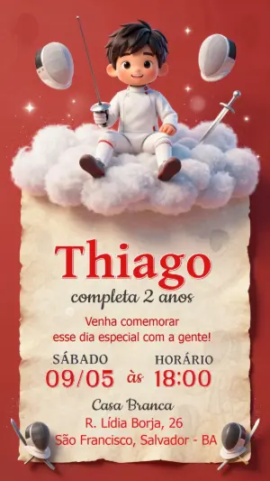Convite de Aniversário Esgrima Infantil 3D para Editar