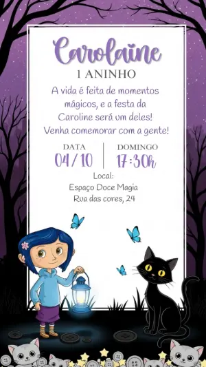 Convite Aniversário Coraline Misterioso para Editar Online