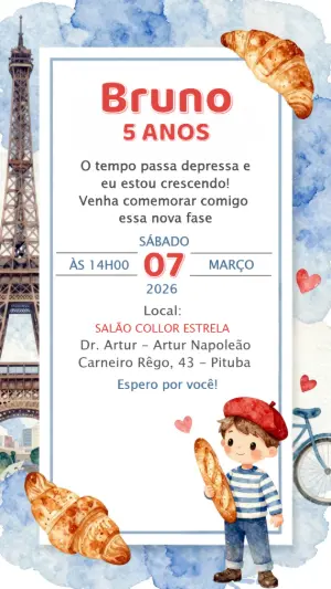 Convite Digital Aniversário Menino Tema Paris para Editar