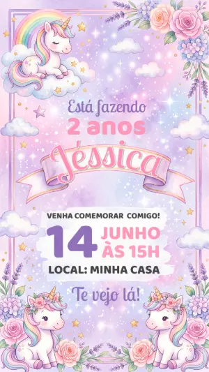 Convite de Aniversário Unicórnio Mágico Aquarela Editável