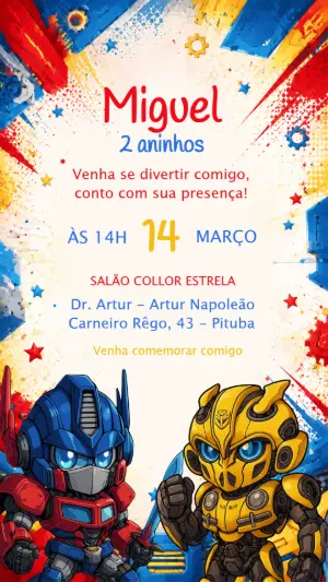 Convite de Aniversário Transformers Colorido para Editar