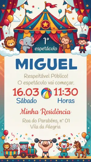 Convite de Aniversário Circo Menino Colorido para Editar