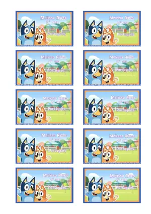 Etiqueta Escolar Bluey e Bingo Editável para Imprimir