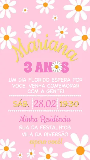 Convite Aniversário Menina Tema Margaridas Rosa Editável