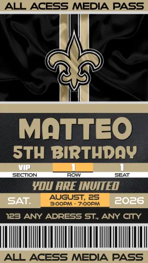 Football Media Pass Birthday Invitation New Orleans Saints