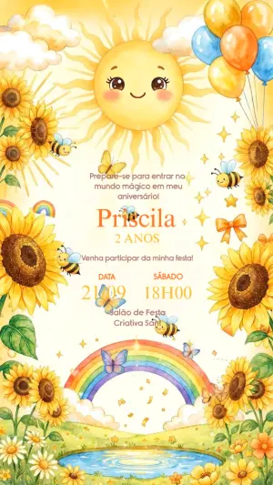 Convite Animado Aniversário Sol e Girassol para Editar