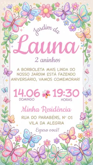 Convite de Aniversário Jardim das Borboletas Colorido Editável