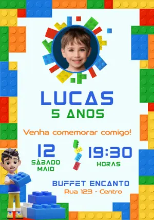 Convite Aniversário Lego com Foto para Editar Online