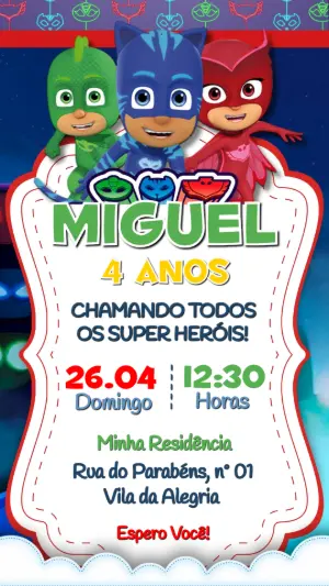 Convite de Aniversário PJ Masks: Modelo Digital para Editar