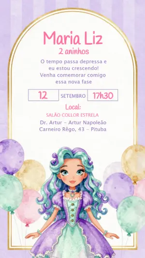 Convite de Aniversário Princesa Aquarela Lilás para Editar