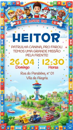 Convite de Aniversário Patrulha Canina Infantil para Editar