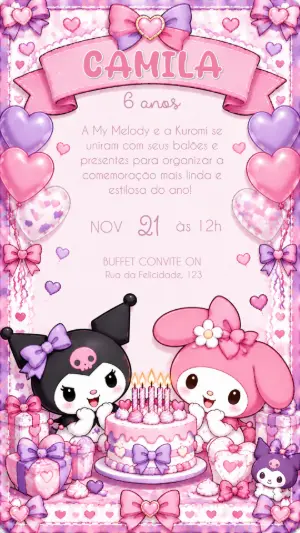 Convite de Aniversário My Melody e Kuromi Editável
