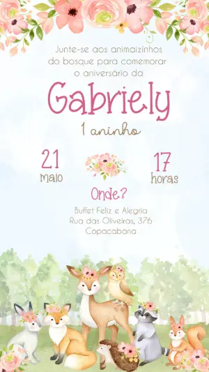 Convite de Aniversário Bosque Encantado Aquarela para Editar